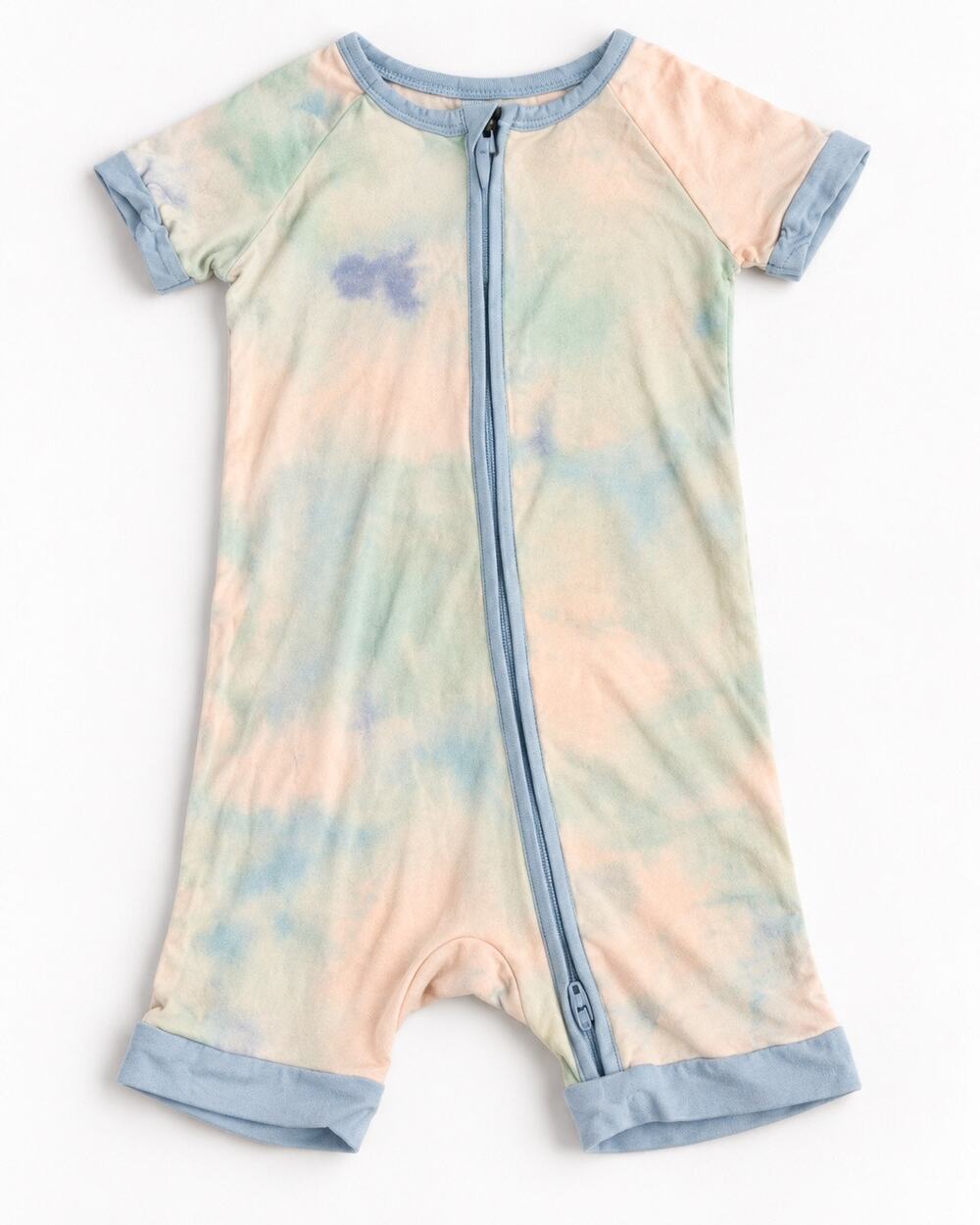 Little Sleepies 2T short sleeve zip romper in a pastel tie-dye print.